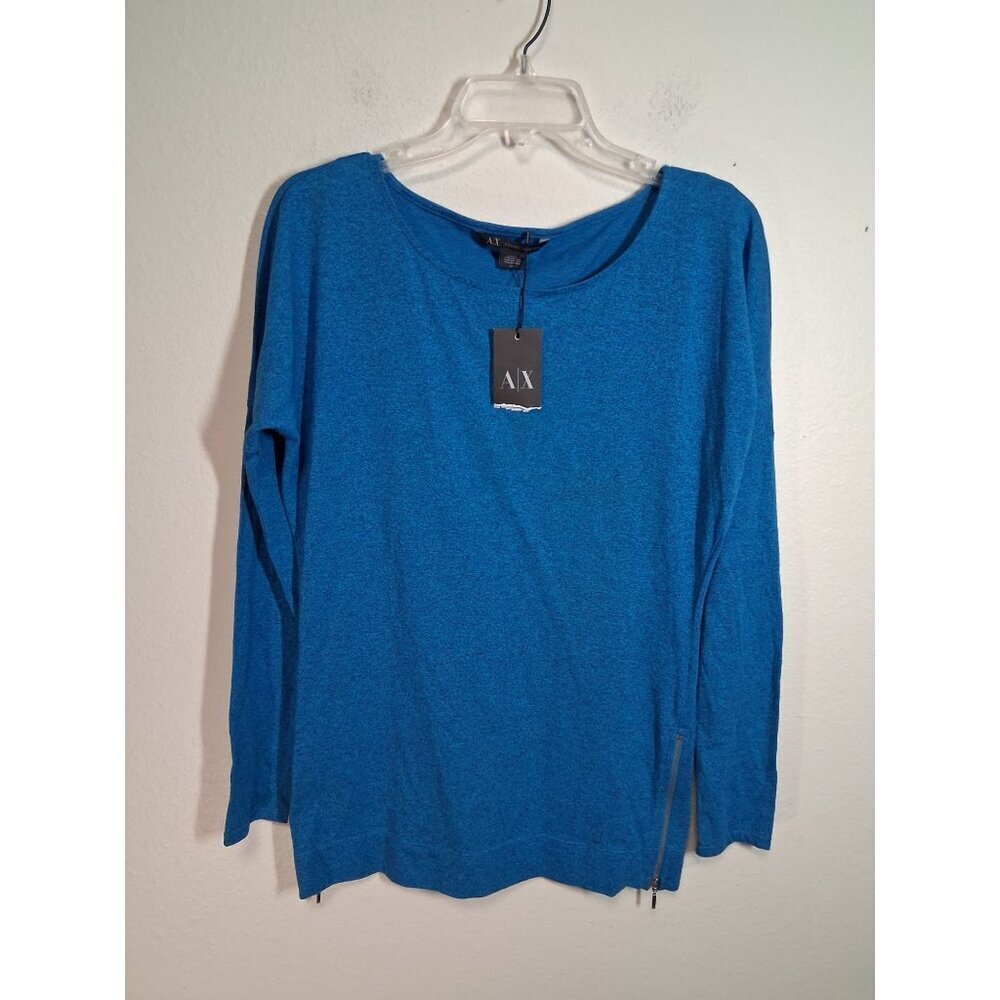 NWT AX Armani Exchange Blouse Long Sleeve Zip Accent Business Casual Blue Small